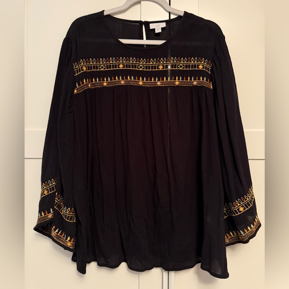 J. Jill Black Boho Top with Colorful Embroidery, XL